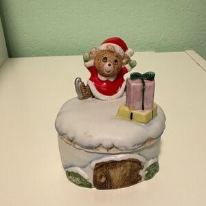 Homco Holiday Bear Ceramic Box with Red and White Accents